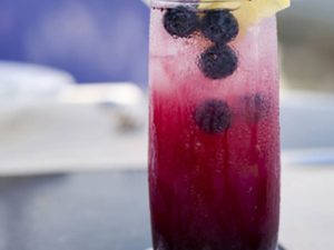 Closeup of chilled glass of Blueberry Lemonade Cocktail